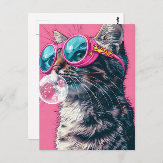 Schattigee kat met kauwgom, roze, Postcrossing Briefkaart (Voorkant / Achterkant)