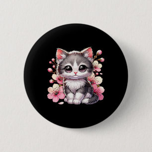 Schattigee kat met kersenbloesems kat ronde button 5,7 cm