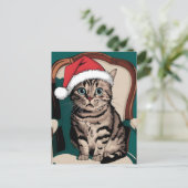 Schattigee kat met kerst pet feestdagenkaart (Staand voorkant)