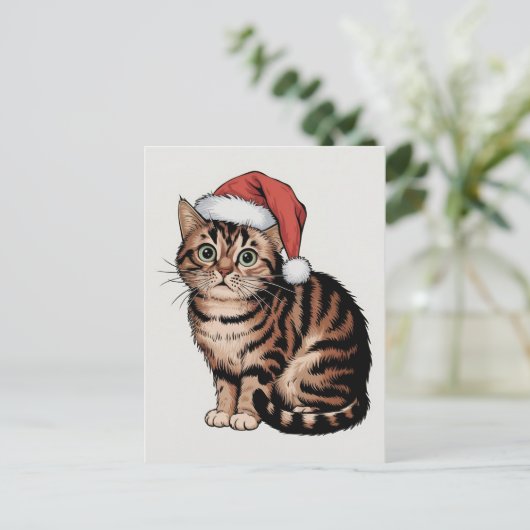 Schattigee kat met kerst pet feestdagenkaart (Staand voorkant)