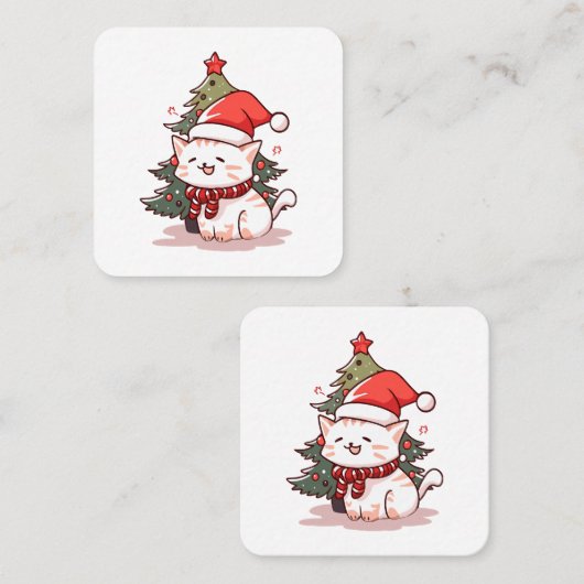 Schattigee kat met kerstmuts in de buurt van de ke vierkante visitekaartje (Voorkant / Achterkant)