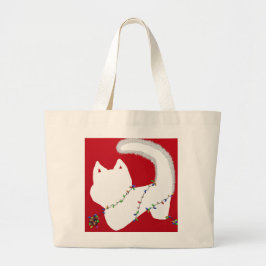 Schattigee kat met kerstverlichting grote tote bag