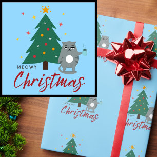 Schattigee Kat met Koffie en Boom Meowy Kerstmis Cadeaupapier