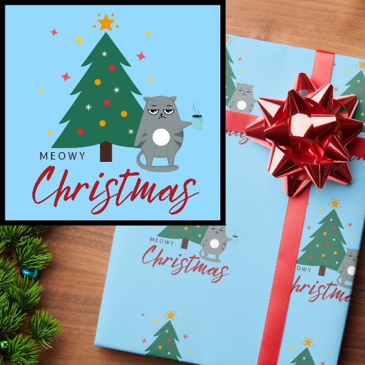 Schattigee Kat met Koffie en Boom Meowy Kerstmis Cadeaupapier