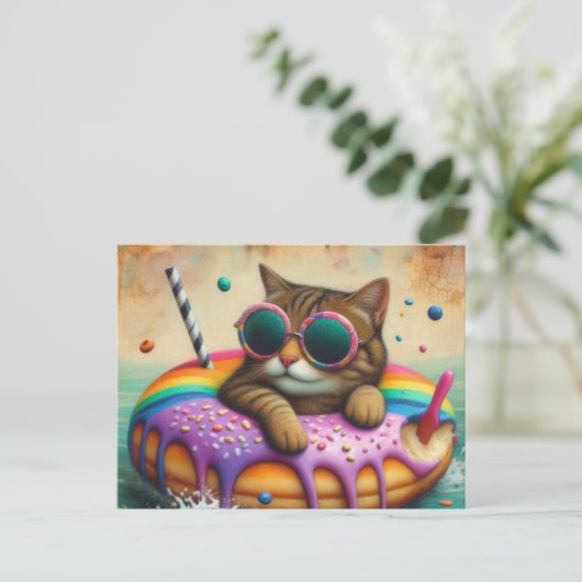 Schattigee kat met op donut drijfapparaat briefkaart (Staand voorkant)