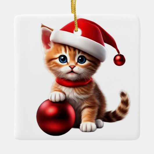 Schattigee kat met Pet en rode kerstbal Keramisch Ornament (Voorkant)