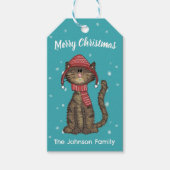 Schattigee kat met Pet kerstvakantie op maat Cadeaulabel (Voorkant)