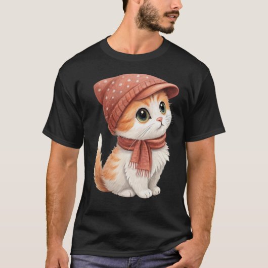 Schattigee kat met Pet, sjaal, pastelkleur T-shirt (Voorkant)