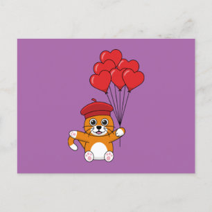 Schattigee kat met rode hartballonnen feestdagenkaart