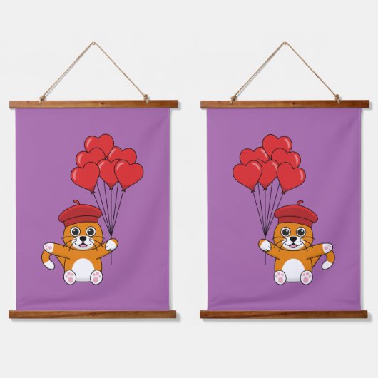 Schattigee kat met rode hartballonnen hangend wandkleed (Dubbel)