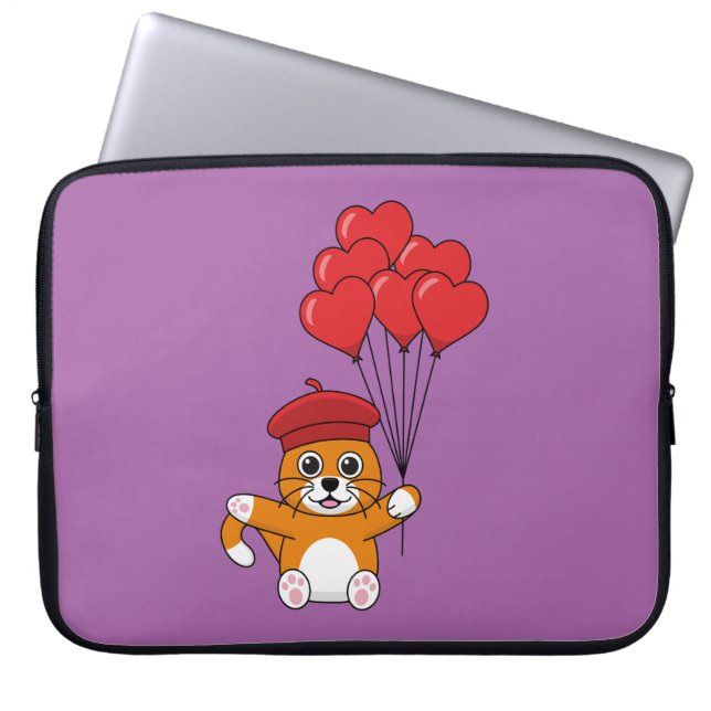 Schattigee kat met rode hartballonnen laptop sleeve (Voorkant)