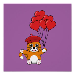 Schattigee kat met rode hartballonnen perfect poster