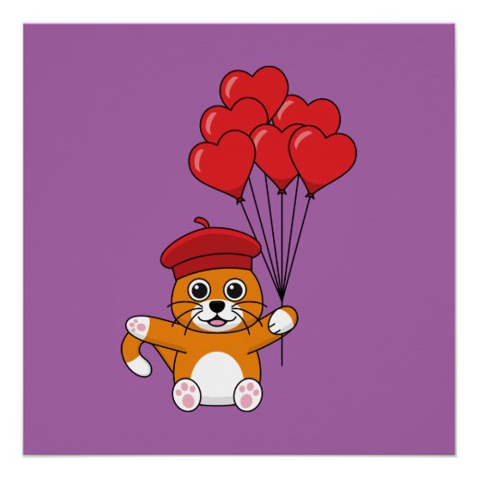 Schattigee kat met rode hartballonnen perfect poster (Voorkant)