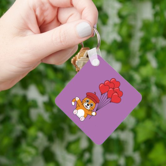 Schattigee kat met rode hartballonnen sleutelhanger (Hand)