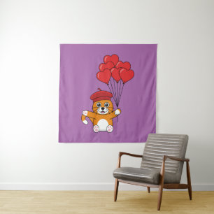 Schattigee kat met rode hartballonnen wandkleed