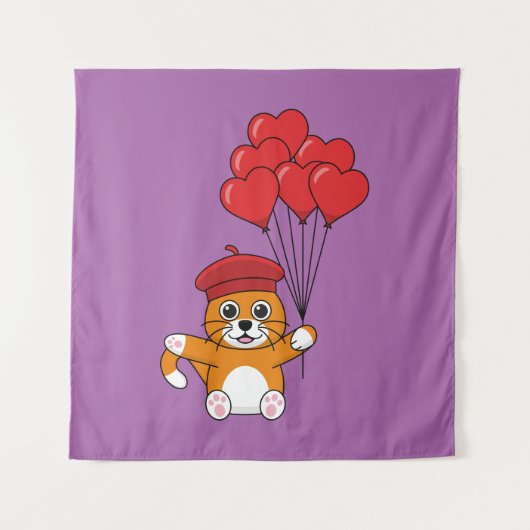 Schattigee kat met rode hartballonnen wandkleed (Voorkant)