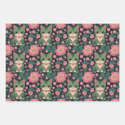 Schattigee kat Met roze bloemnaadloos patroon Inpakpapier Vel (Voorkant 2)
