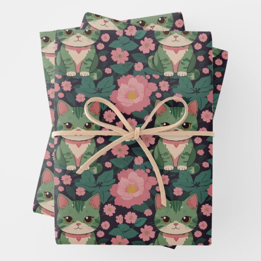 Schattigee kat Met roze bloemnaadloos patroon Inpakpapier Vel (In situ)