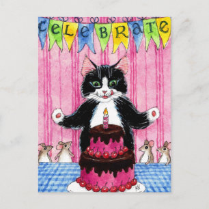 Schattigee kat met roze celebrate cake briefkaart