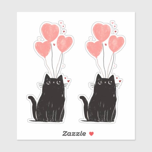 Schattigee kat met roze hartvormige ballonnen sticker (Vel)