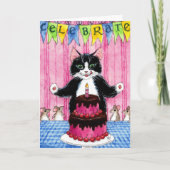 Schattigee kat met taart verjaardags wenskaart kaart (Voorkant)