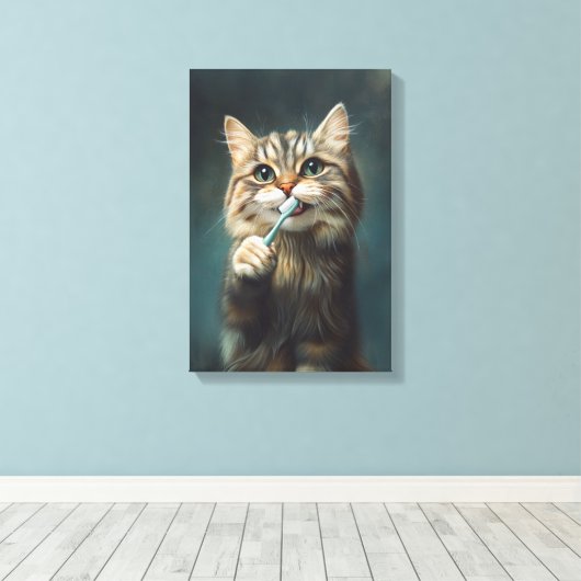 Schattigee kat met tandenborstel ideaal voor badka canvas afdruk (Insitu (Houten vloer))