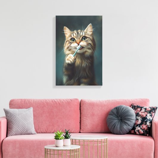 Schattigee kat met tandenborstel ideaal voor badka canvas afdruk (Insitu (Woonkamer))