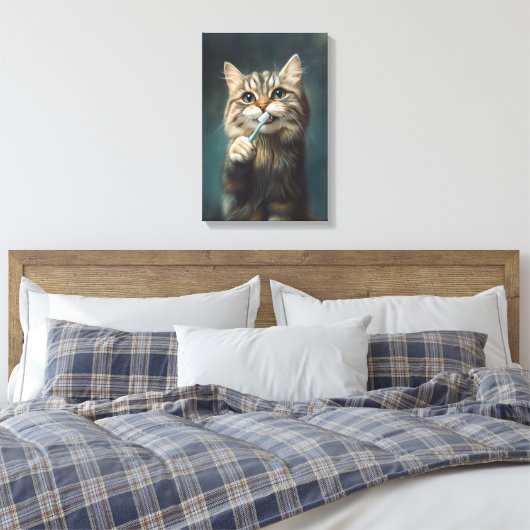 Schattigee kat met tandenborstel ideaal voor badka canvas afdruk (Insitu (Slaapkamer))