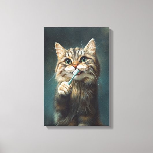 Schattigee kat met tandenborstel ideaal voor badka canvas afdruk (Voorkant)