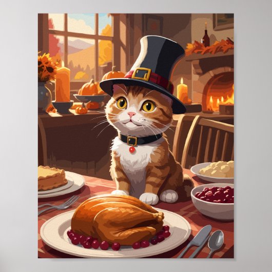 Schattigee kat met Thanksgiving Turkije Poster (Voorkant)