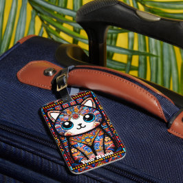 Schattigee kat met traditionele patrooncharme bagagelabel