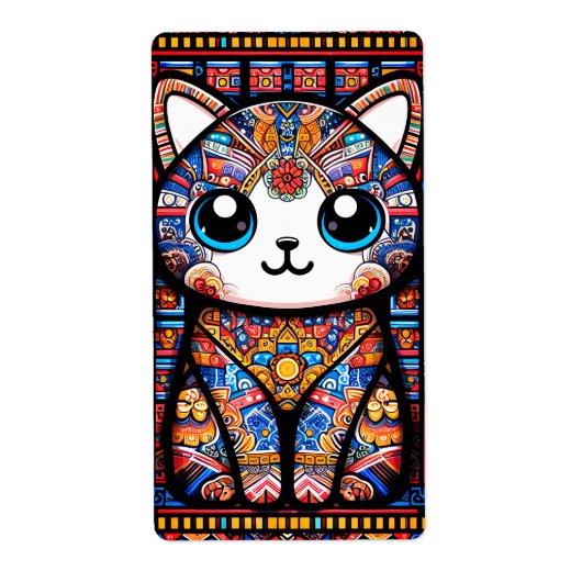 Schattigee kat met traditionele patrooncharme etiket (Voorkant)