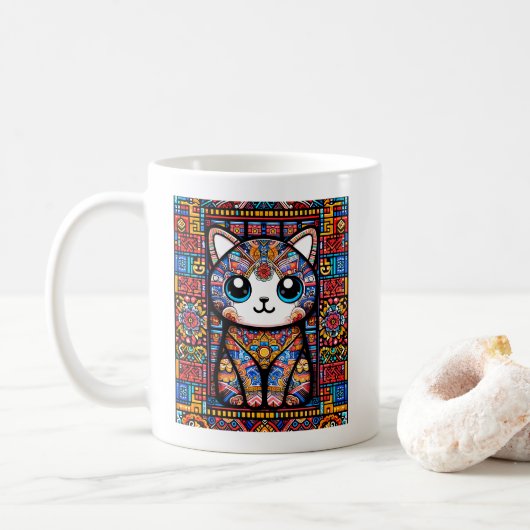 Schattigee kat met traditionele patrooncharme koffiemok (Met donut)