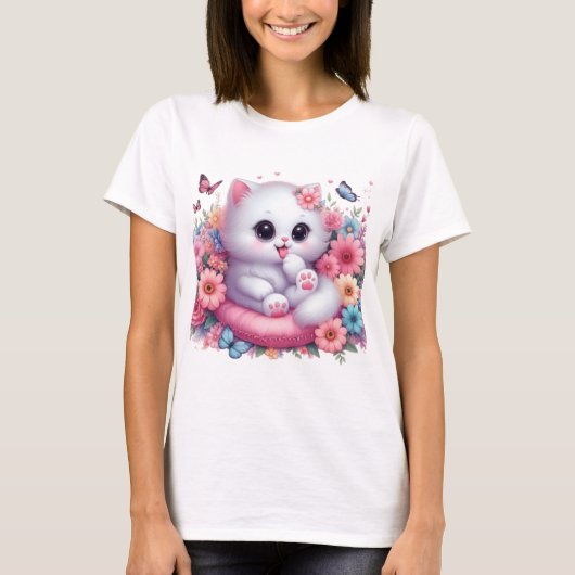 Schattigee kat, mooie bloem t-shirt (Voorkant)