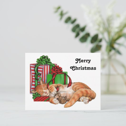 Schattigee kat-, muis- en kerstcadeaus feestdagenkaart (Staand voorkant)