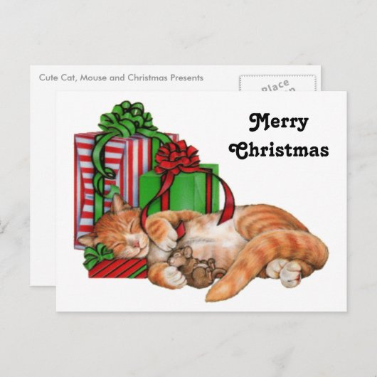 Schattigee kat-, muis- en kerstcadeaus feestdagenkaart (Voorkant / Achterkant)