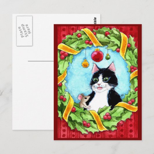 Schattigee kat, muis Kerstkrans briefkaart (Voorkant / Achterkant)