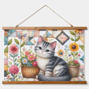 Schattigee kat op bloemenquilt Cottagecore Art Hangend Wandkleed