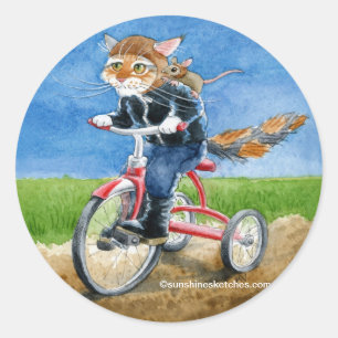 Schattigee kat op driewieler cartoon sticker