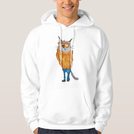 Schattigee kat op een bril met oranje trui en blu hoodie (Voorkant)