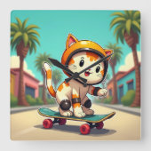 Schattigee kat op een skateboard vierkante klok (Voorkant)