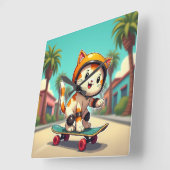 Schattigee kat op een skateboard vierkante klok (Hoek)