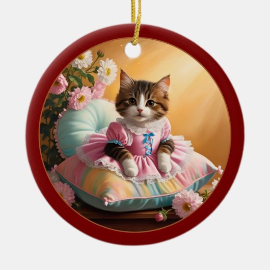 Schattigee kat op het bed keramisch ornament (Voorkant)