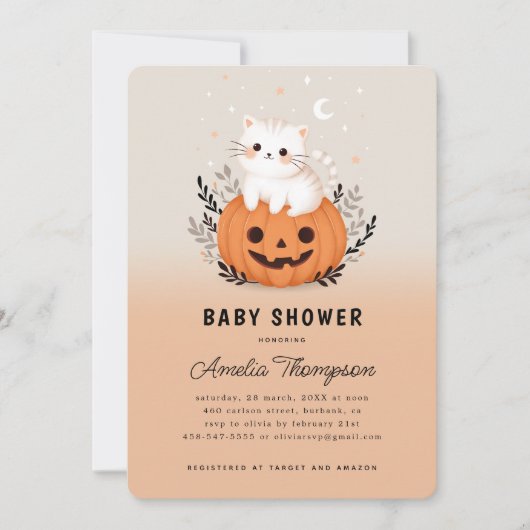 Schattigee kat op pompoen Halloween Baby shower Kaart (Voorkant)
