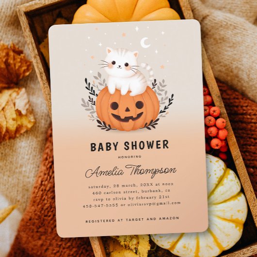 Schattigee kat op pompoen Halloween Baby shower Kaart