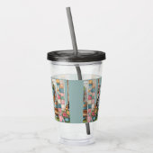 Schattigee kat op veranda met bloemen en patchwork acryl drinkbeker (Links)