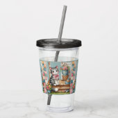 Schattigee kat op veranda met bloemen en patchwork acryl drinkbeker (Achterkant)