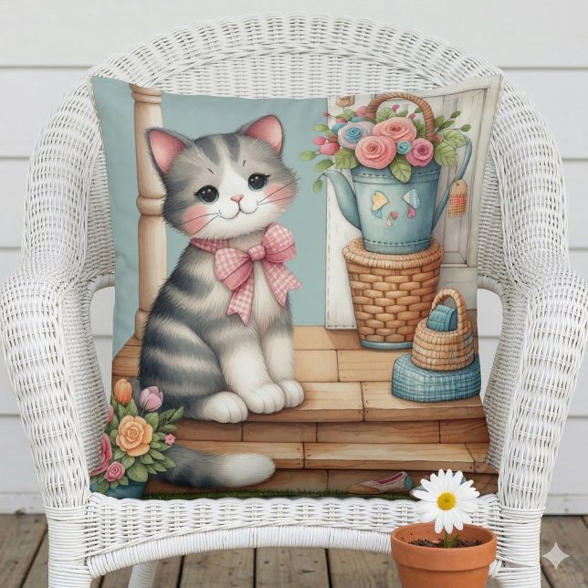 Schattigee kat op veranda met bloemen en patchwork kussen (Porch Kitty Floral Patchwork Scene Throw Pillow Mockup A)