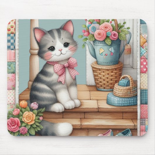 Schattigee kat op veranda met bloemen en patchwork muismat (Voorkant)