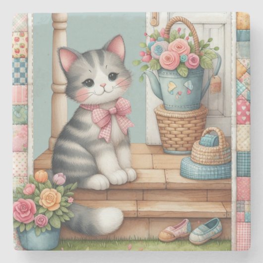 Schattigee kat op veranda met bloemen en patchwork stenen onderzetter (Voorkant)